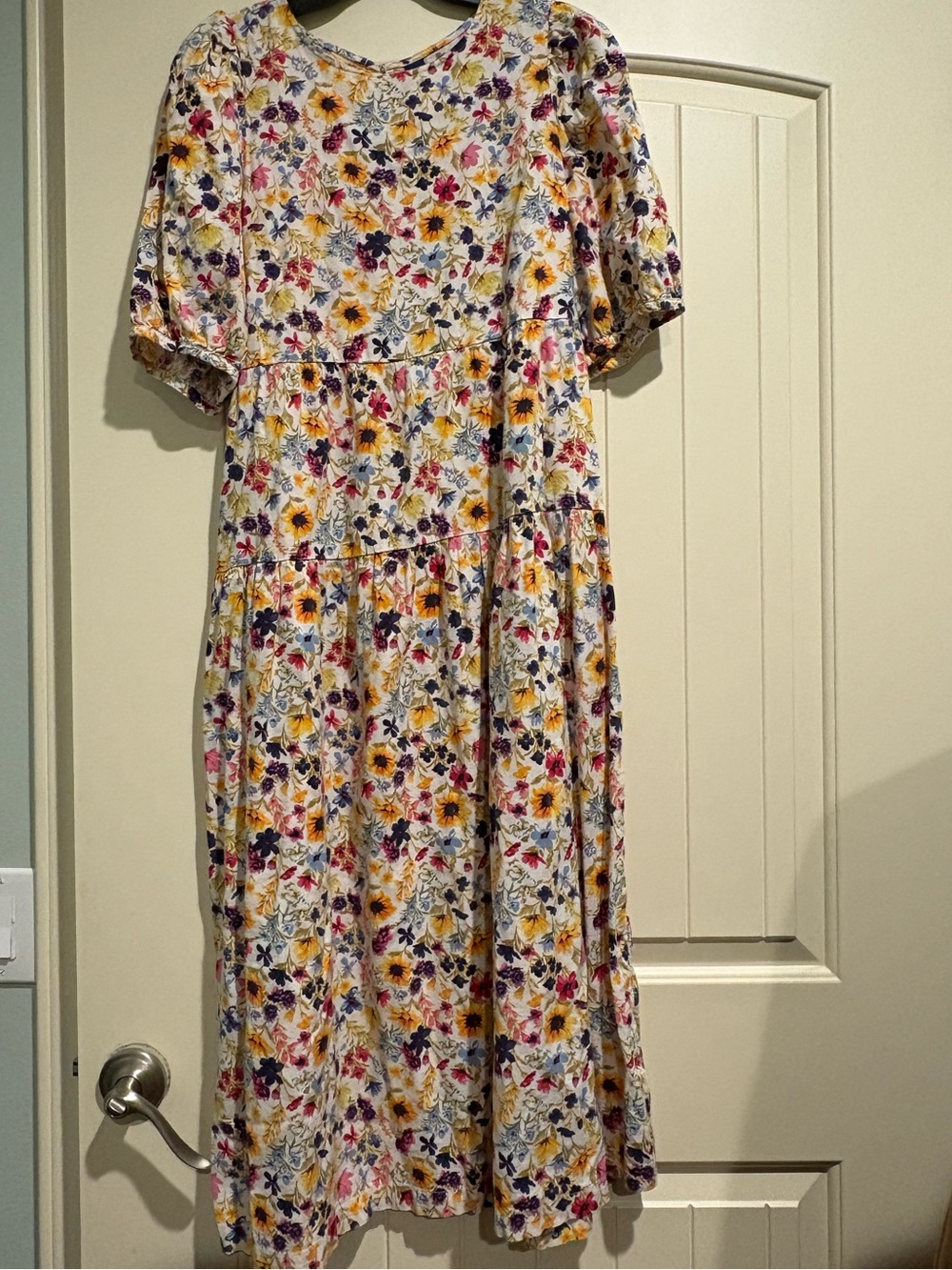 Old Navy White Floral Tiered Midi Dress with Yellow and Purple Accents